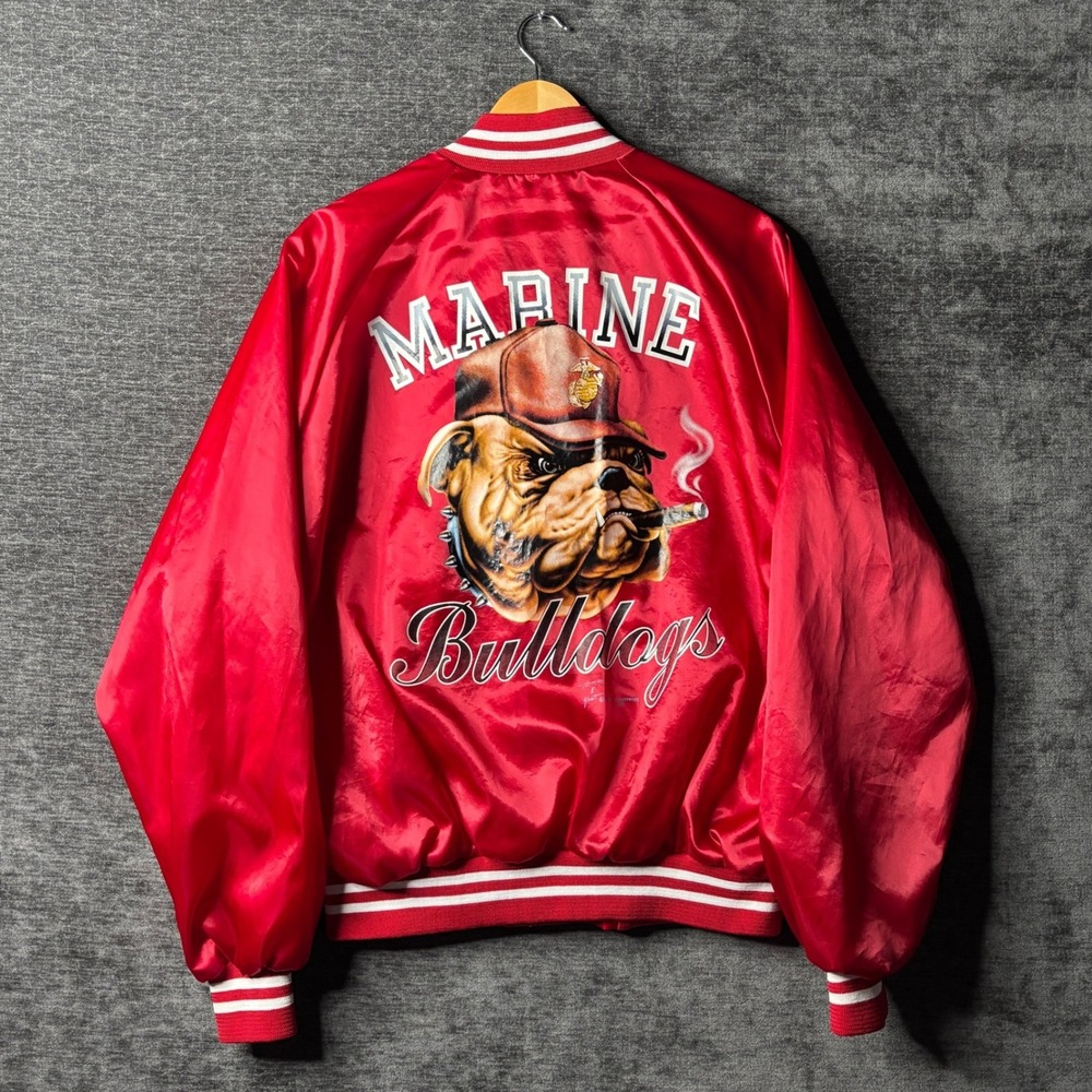 Vintage 1989 Auburn Sportswear USMC Marine Bulldogs Satin Varsity Jacket Red XL